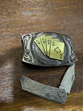 4 Aces Western Card Game Belt Buckle Hidden Pocket Knife
